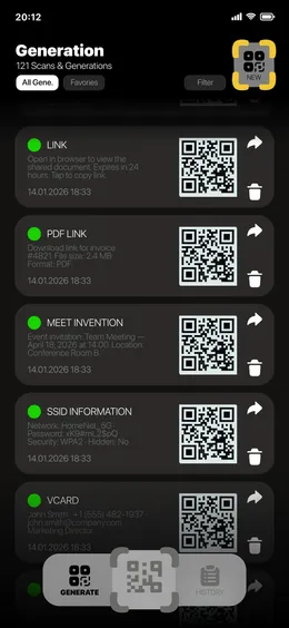 Generated QR codes list — Link, PDF, Meeting, Wi-Fi, and vCard entries with QR previews