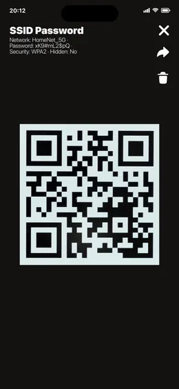 QR code detail view showing a Wi-Fi credential with share and delete actions