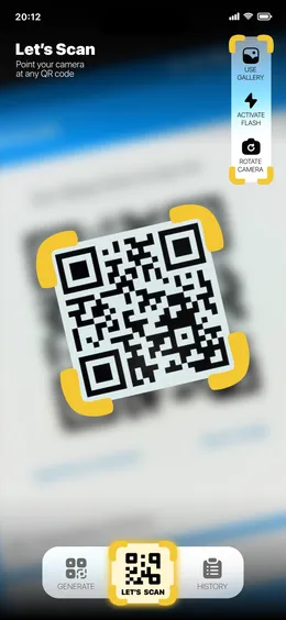 TapTapQR scanner — a QR code framed in yellow brackets, with flash and gallery shortcuts on the right