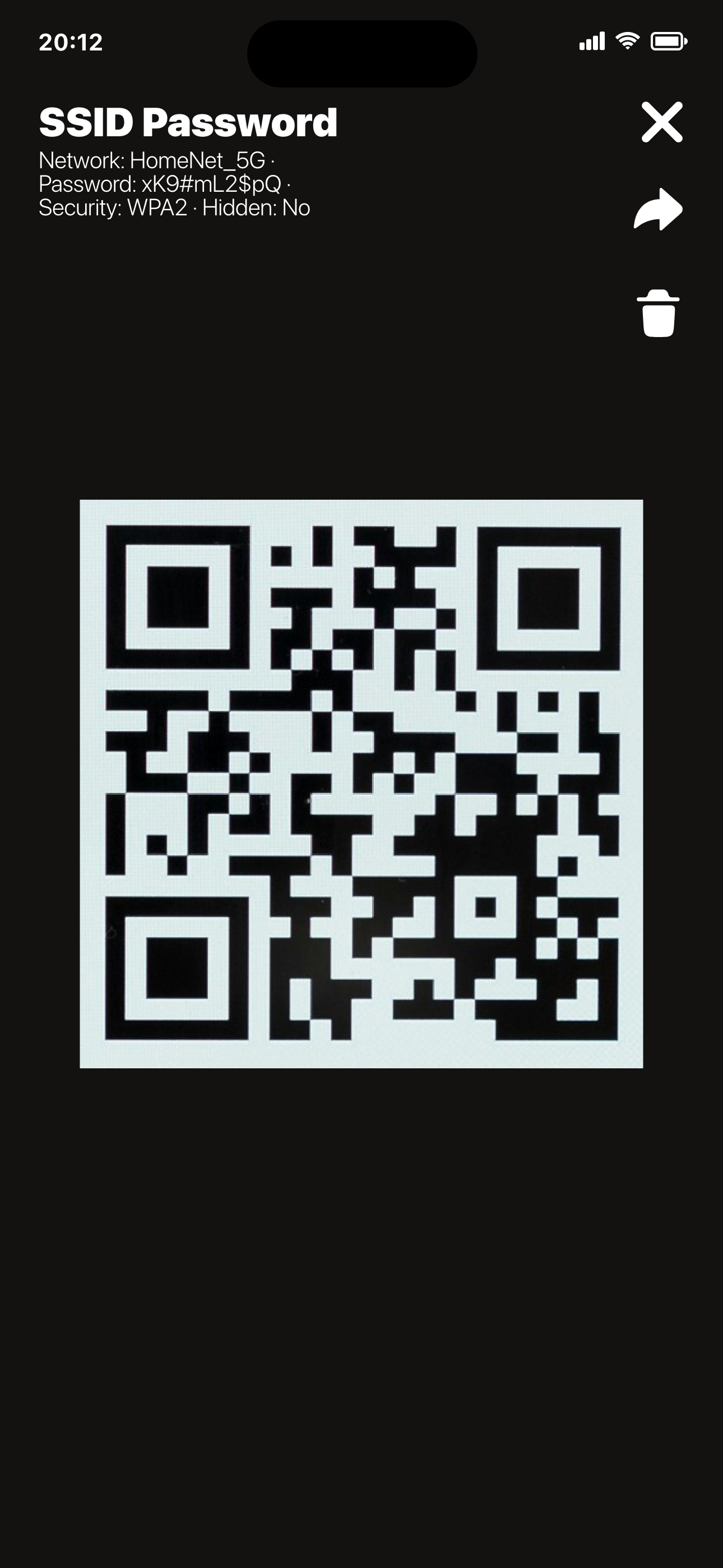 QR code detail view showing a Wi-Fi credential with share and delete actions