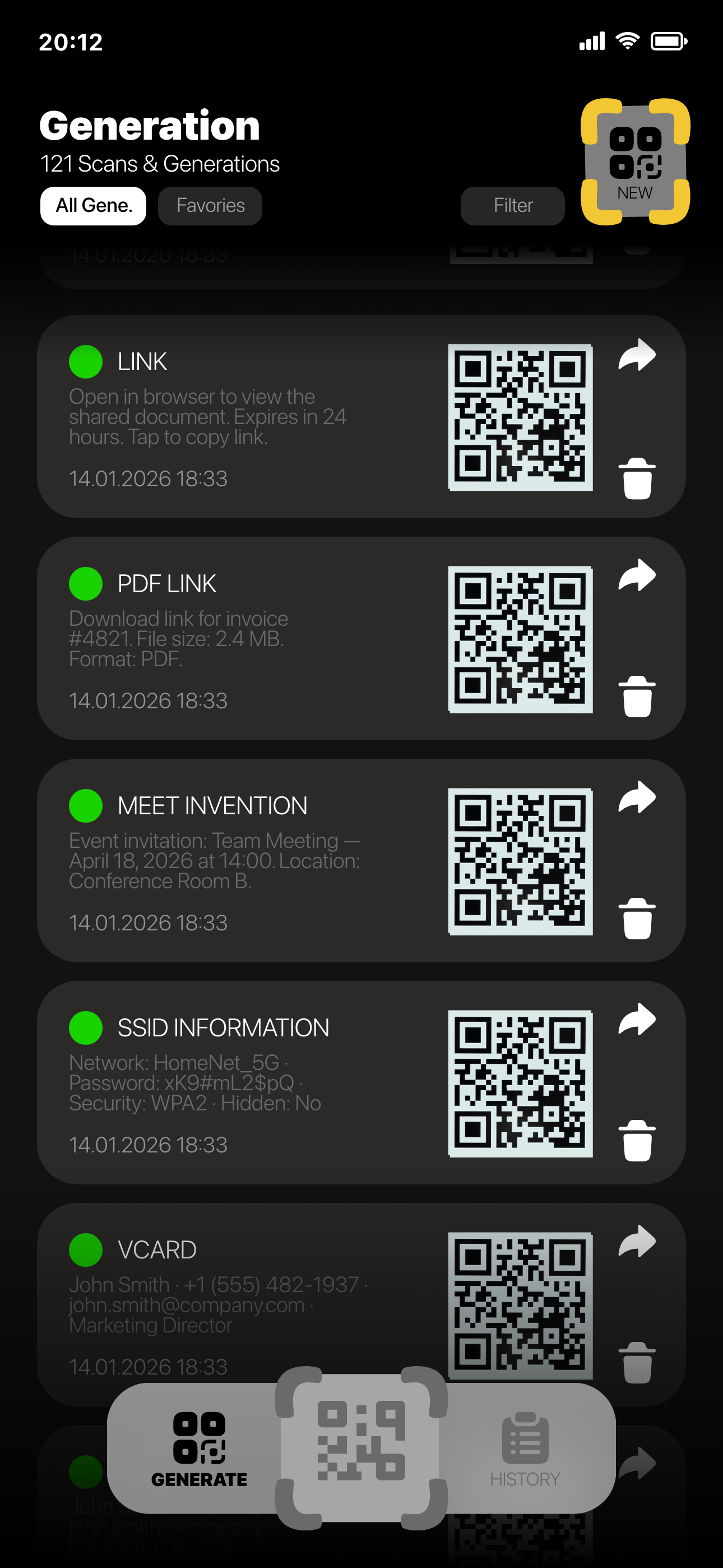 Generated QR codes list — Link, PDF, Meeting, Wi-Fi, and vCard entries with QR previews
